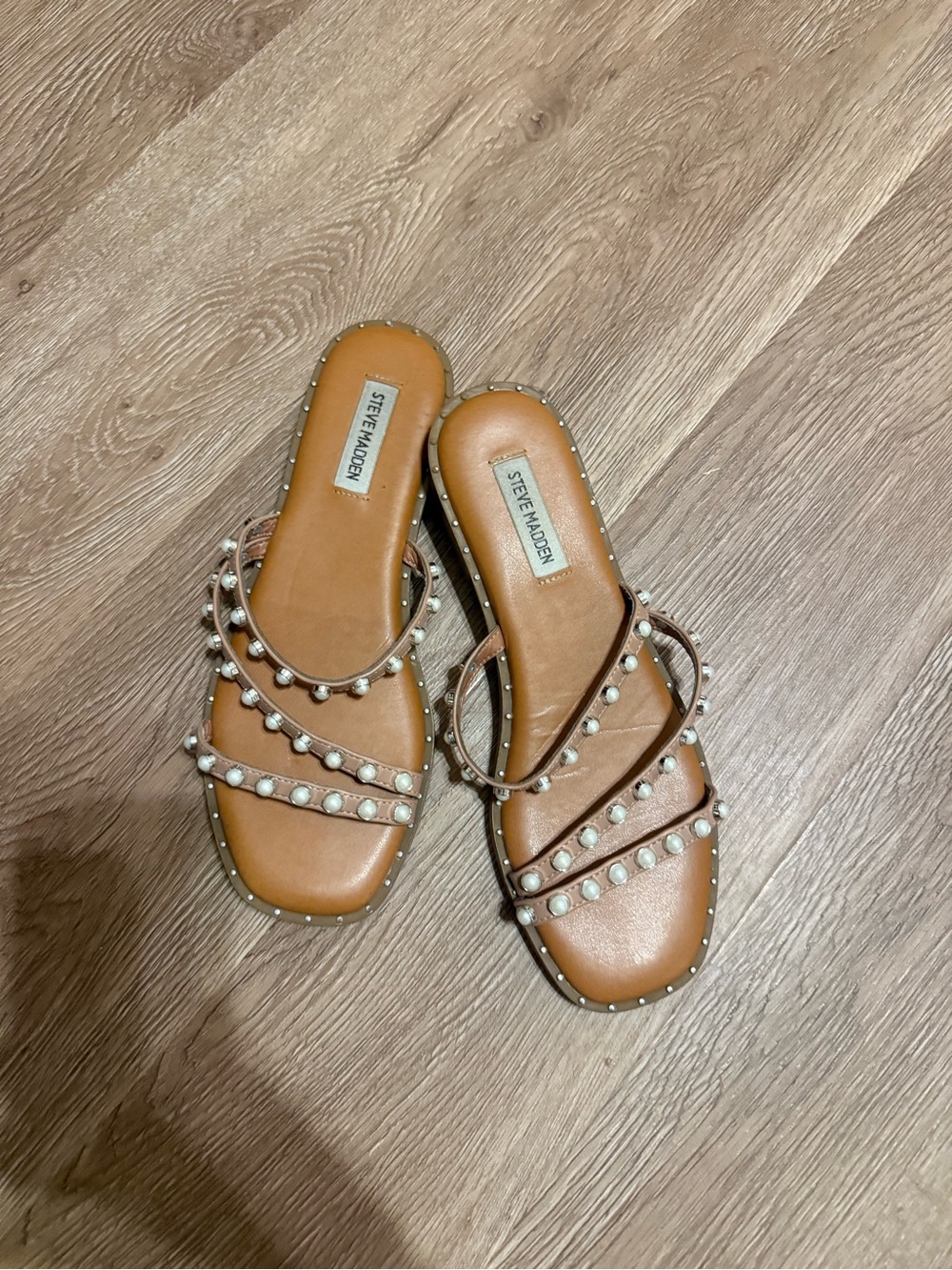 Steve Madden Tan Slide Sandals with Pearl-Trim Straps